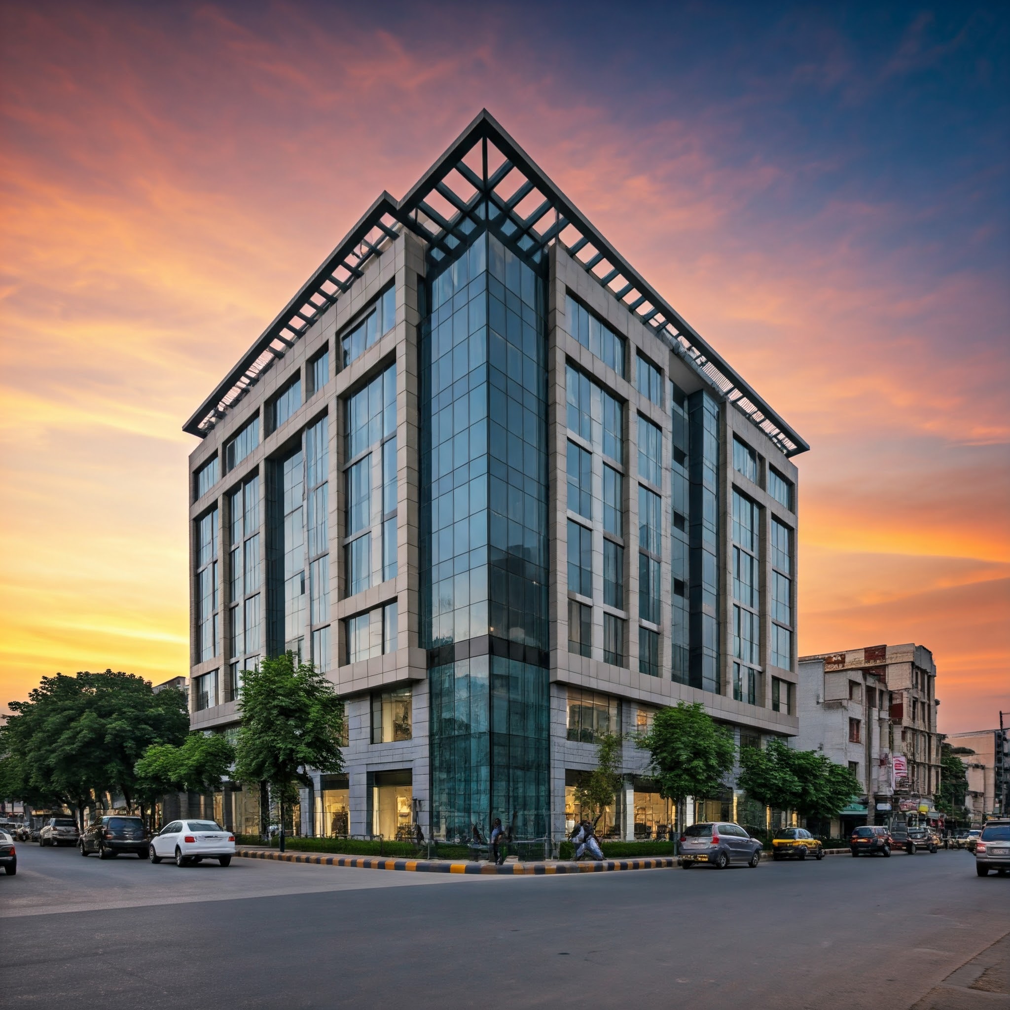 A contemporary commercial building with a sleek glass facade and clean lines, showcased by Mahalaxmi Real Estate, standing tall on a busy Indian city street. The building features multiple floors.