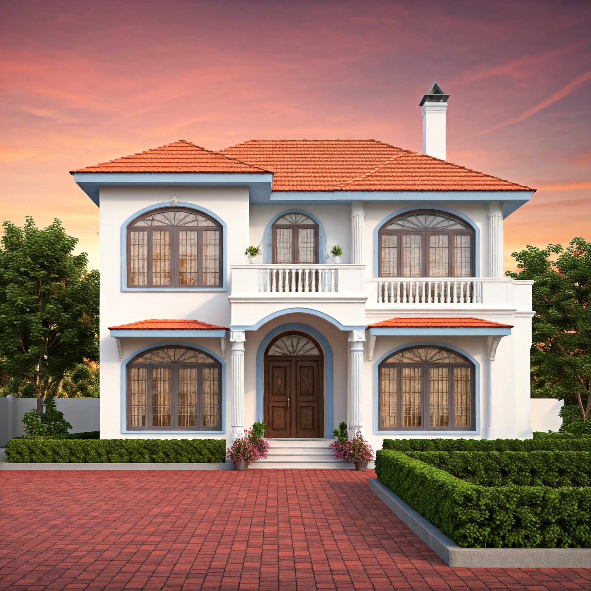 A modern Indian residential house with a symmetrical design, showcasing a white facade with blue trims, large arched windows, and a red-tiled roof